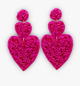 Fuchsia Beaded Heart Earrings