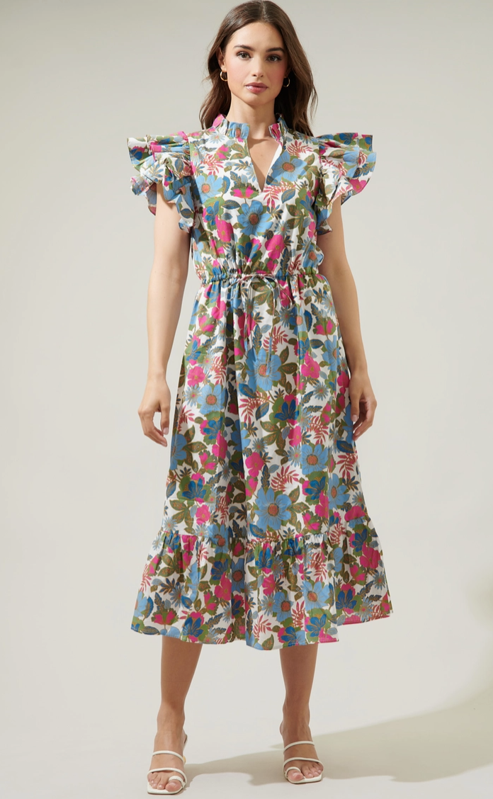 Avitall Floral Midi Ruffle Dress